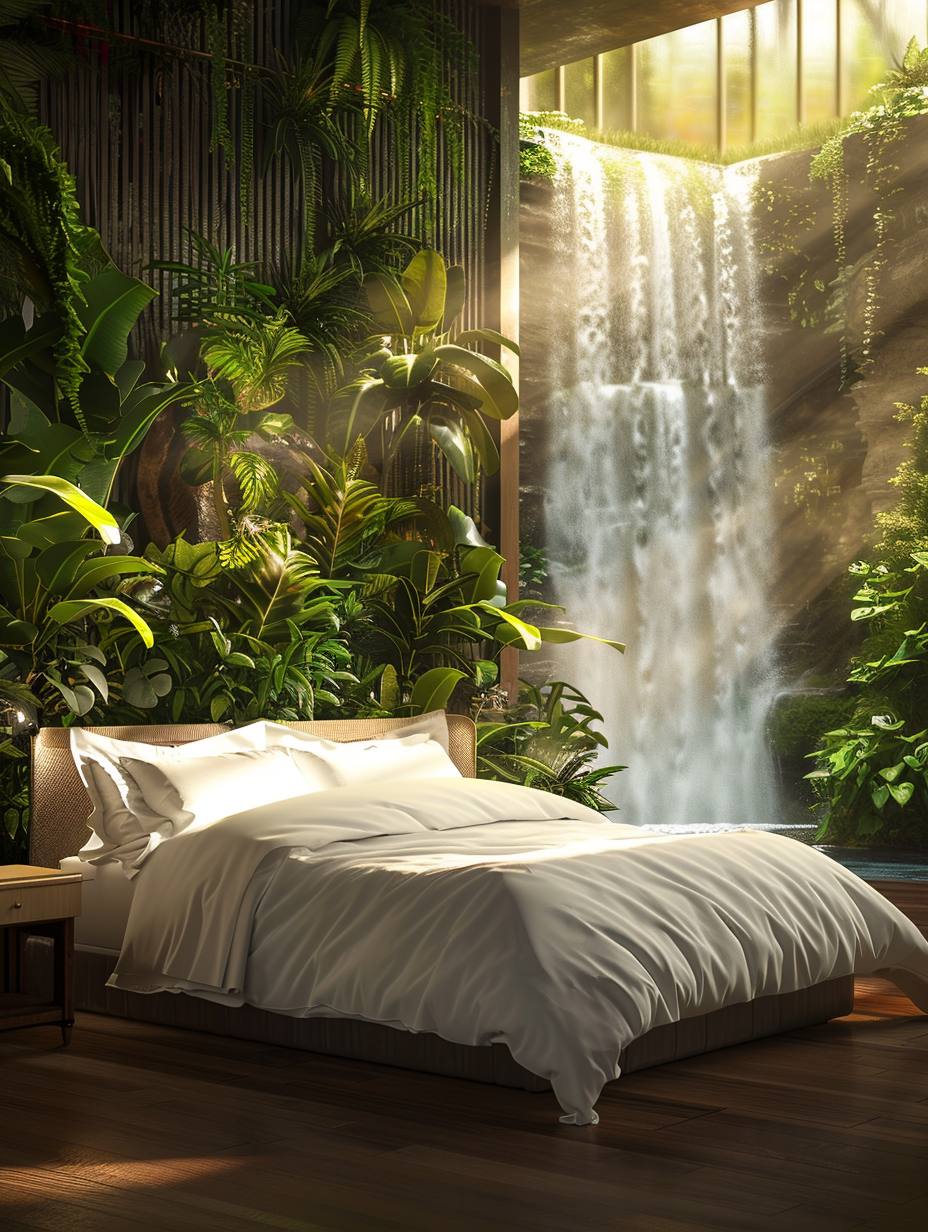 Capture a photorealistic image of a luxury hotel room inspired by natural waterfalls. The main subject, a king-sized bed with crisp white linens, should be placed centrally, illuminated by the soft, golden hues of dawn filtering through floor-to-ceiling windows. Behind the bed, a sophisticated, wall-mounted waterfall installation simulates a serene, natural cascade, its water shimmering under the natural light. The room is adorned with polished wooden surfaces and subtle greenery, echoing the organic feel. For this image, utilize a Canon EOS-1D X Mark III, with a 24-70mm f/2.8 lens, ensuring high detail, sharp focus, and a slight film grain to magnify texture and depth. Aim for a balance between the lush indoor landscape and the luxurious room elements, capturing the tranquility and elegance of the space in the style of a Peter McKinnon 2020s masterpiece, emphasizing a harmonious blend of global illumination and shadows to enhance the real-world feel.