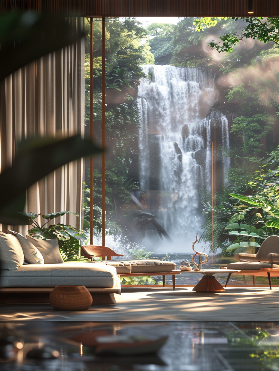 Craft a photorealistic image that captures the essence of a luxury hotel room, inspired by natural lights and waterfalls. This scene is intricately lit by the soft, diffuse glow of the morning sun, filtering through floor-to-ceiling windows that offer a breathtaking view of a cascading waterfall. Employ global illumination to mimic the subtle interplay of light and shadow, highlighting the texture of the linen and the sheen on the sleek, modern furniture. The camera, a Canon EOS R5 equipped with a 24-70mm f/2.8L lens, is set to capture the room in all its glory from a perspective that feels intimate yet grand, ensuring sharp focus and a depth of field that accentuates the details, from the natural wood finishes to the soft, inviting contours of the plush sofa. Emulate the high-quality, richly detailed style of 2020s visual content, akin to a scene from an elegantly orchestrated film or a photograph by a renowned interior design photographer. Ensure that the composition is balanced, with the waterfall view acting as a dynamic yet serene focal point, surrounded by tastefully chosen decor that complements the room's theme. The mood is serene, inviting, and utterly luxurious, with a color palette that echoes the natural elements outside the window, fostering a seamless connection between the indoors and the natural world.