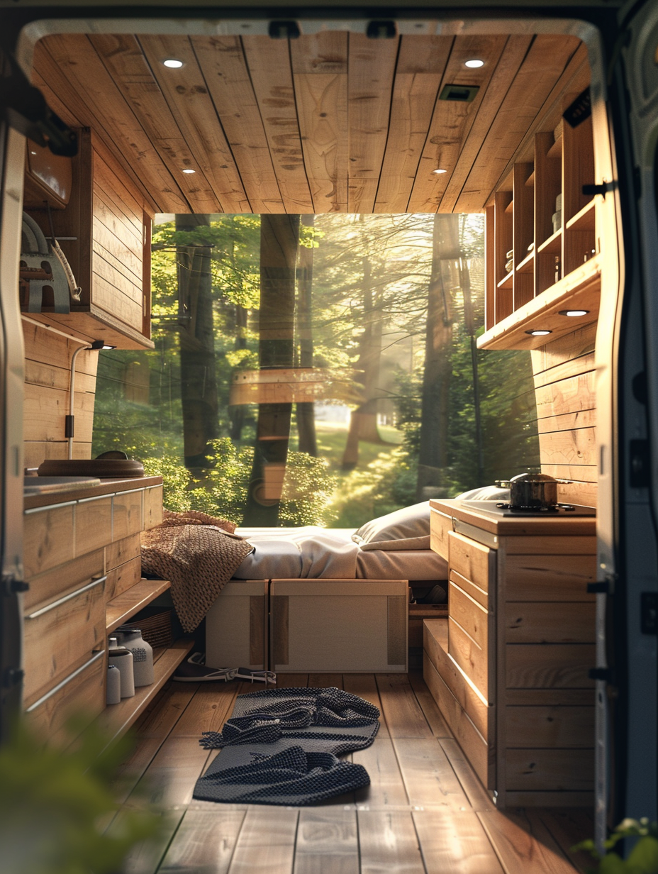 Capture a high-detail, photorealistic image of a meticulously remodeled camper van, incorporating modern and minimalist interior design elements. The scene takes place during golden hour, utilizing natural light filtering through the vehicle's open back doors to highlight the smooth, light wood finishes and soft, cozy textiles. The composition balances sharp focus on the interior details — including custom-built shelves, a compact, fully-equipped kitchenette, and a retractable bed space — with a softer focus on the lush, green background softly visible through the windows. Camera settings should mimic those of a Canon EOS R5, leveraging a RF 24-70mm F2.8 lens at a wide aperture to achieve a shallow depth of field, emphasizing textures and the play of light and shadow. Aim for a style reminiscent of the crisp, serene aesthetics found in 2020s high-end home design magazines, with attention to film grain for added texture and depth.