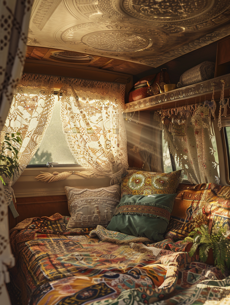 Craft a photorealistic image of an intricately designed Boho Camper Van Interior, capturing the essence of modern bohemian aesthetics. Picture the scene in the golden hour light, with rays penetrating through lace curtains, creating a soft shadow play on the eclectic mix of plush textiles and vibrant patterns. The scene is framed from a perspective akin to using a Canon EOS R5 camera paired with a RF 24-70mm F2.8 L IS USM lens, utilizing a shallow depth of field to emphasize textures and materials, such as the worn leather of the driver's seat, the intricate weave of a hanging macramé, and the polished wood surfaces that gleam under the natural light. Aim for high detail and sharp focus on foreground elements while maintaining a creamy bokeh in the background, adding a level of depth and dimensionality. The composition is carefully balanced to showcase the van’s cozy yet functional space, populated with plants that add a touch of life and color. The image should evoke the warmth and freedom associated with boho lifestyle, grounded in genuine, tactile details such as film grain texture to give it that high-quality 2020s visual content feel, reminiscent of the work of lifestyle photographers like Alex Strohl or the homely scenes from a Wes Anderson film.