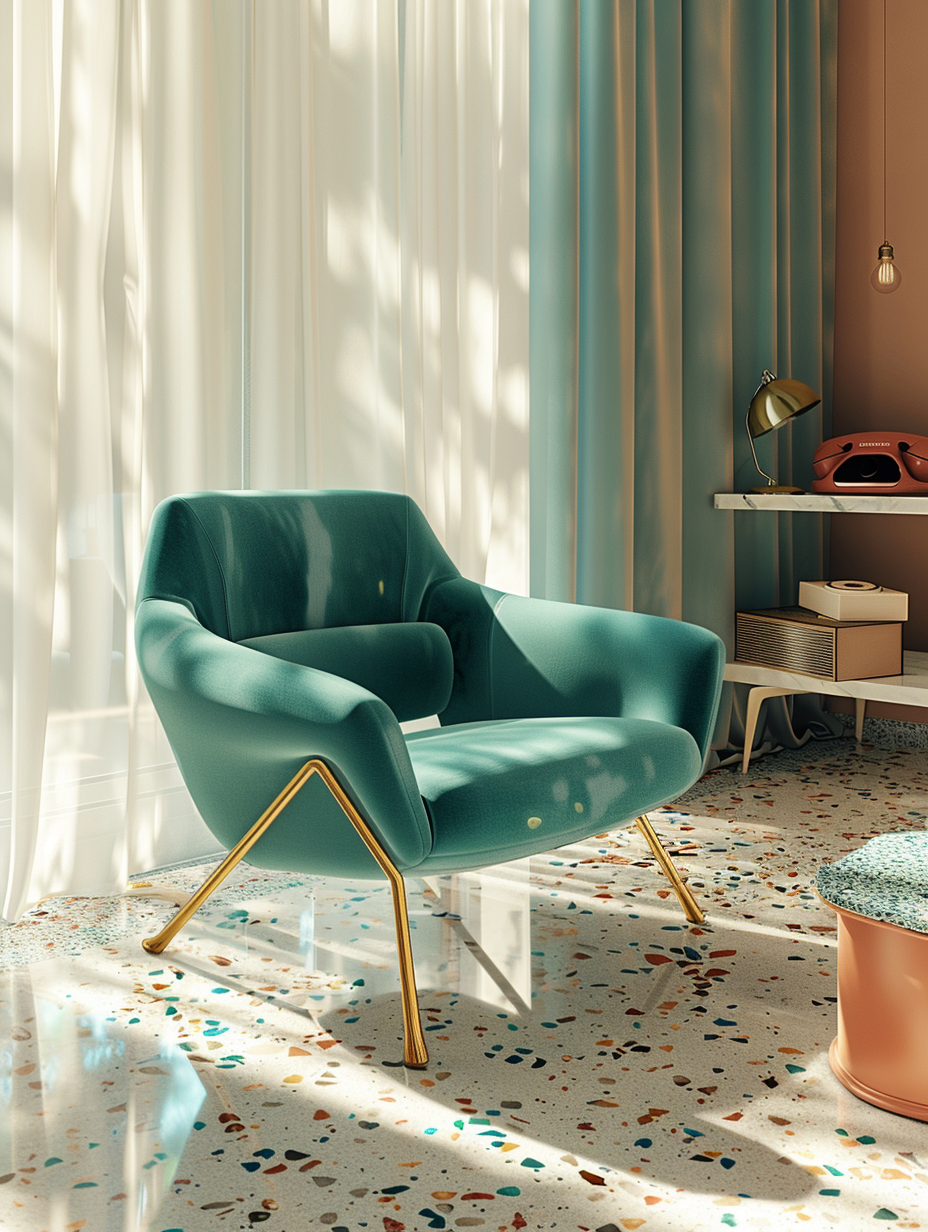 Generate a photorealistic image capturing the essence of an Interior Design with a Retro Revival theme, focusing on the intricate use of Terrazzo flooring. The scene is bathed in natural sunlight filtering through sheer curtains, enhancing the vibrant colors of the Terrazzo speckles. A mid-century modern armchair in teal, accented with brass details, is strategically placed on the Terrazzo floor, adding a pop of color and nostalgia. In the background, a minimalist terrazzo coffee table holds vintage decor pieces, including a rotary phone and a stack of iconic '60s magazines. The camera settings should mimic a Canon EOS 5D Mark IV with a 24-70mm f/2.8 lens at 35mm, ensuring sharp focus on the main elements while softly blurring the background for depth. Lighting should emulate the golden hour's warmth, achieving a balance between shadows and highlights that highlights the texture of the materials and the room's ambiance. The composition respects the rule of thirds for a balanced, harmonious look reminiscent of a high-quality 2020s lifestyle magazine feature.