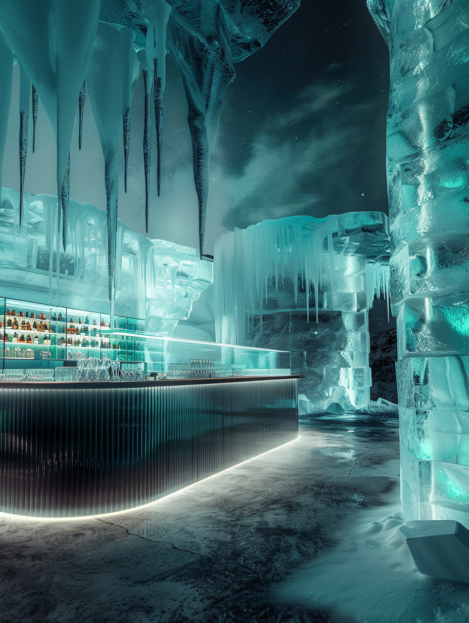 Imagine a photorealistic image capturing the essence of an Ice Bar inspired by the North Pole, designed with exquisite precision to transport you to a frosty paradise. The scene unfolds under the ethereal caress of natural light filtering through crystalline ice walls, mimicking the serene glow of the Northern Lights. The camera, a Canon EOS R5 with a RF 24-70mm F2.8 L IS USM lens, set to a focal length of 50mm to capture the expanse and details with sharp focus and a shallow depth of field, emphasizing textures. This image, akin to the works of Simon Upton in its clarity and attention to detail, employs advanced lighting techniques, including global illumination, to highlight the ice's translucent quality and the shadow play, which adds depth and complexity. The composition balances the cool blue and green hues of the ice with the warm glow of strategically placed LED lights, crafting a scene that’s both inviting and otherworldly. The choice of a wide aperture not only ensures the bar's intricate details - from the polished ice counter to the frosty surfaces of furniture - are captured in high detail but also softens the background slightly to create a sense of intimacy within the vastness. The mood is further enhanced by a subtle film grain, lending the image a tactile quality that makes the cold atmosphere almost tangible. This picture is a testament to the 2020s high-quality visual content, balancing technical mastery with a strong atmospheric presence to evoke an immersive, otherworldly experience.