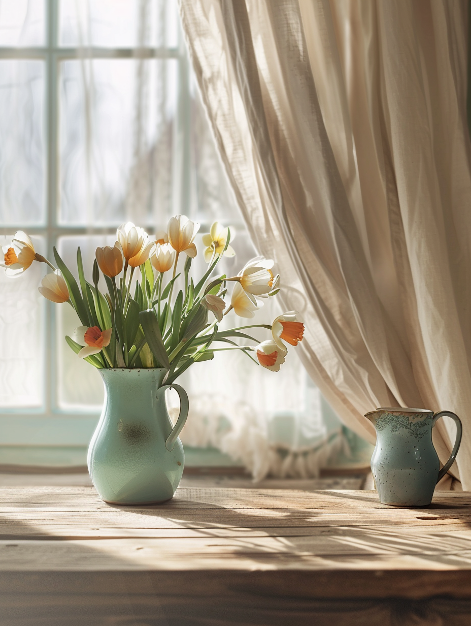 Generate a photorealistic image of a Homestead Renewal with Spring Decorating Ideas, encapsulating the essence of rejuvenation. Position a rustic yet elegantly refurbished farmhouse kitchen as the main subject, where soft morning light pours through sheer linen curtains, casting a warm, golden hue across a natural wood countertop adorned with clusters of fresh tulips and daffodils. Incorporate a vintage, pale blue ceramic pitcher, repurposed as a vase, adding a pop of spring color. Ensure the image captures the delicate balance between shadows and light, highlighting textures like the grain of the wood and the soft weave of the fabric. Capture this scene with a Canon EOS R5 fitted with a 50mm f/1.2L USM lens, using settings that ensure sharp focus on the flowers and pitcher, with a gently blurred background to emphasize these elements. Aim for a composition that mirrors the high detail and vibrant, yet soft, color palette found in Annie Leibovitz's portrait works, ensuring a natural, inviting atmosphere. The final image should achieve a sense of harmony and freshness, inviting the viewer into a moment of serene, springtime renewal.