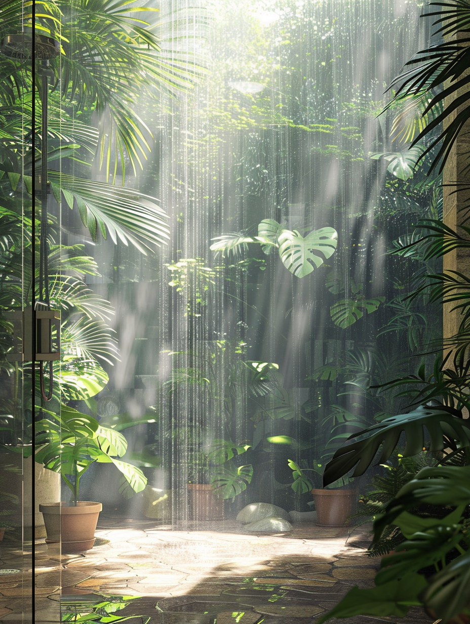 Generate a photorealistic image of a luxurious shower room inspired by a lush jungle. The main subject is a spacious glass-enclosed shower, dominated by an oversized, rainforest-style showerhead casting soft, dappled light that mimics the natural illumination of a jungle canopy. High-detail, sharp focus elements include verdant, glossy-leaved tropical plants arranged around the periphery in handcrafted terracotta pots, casting subtle shadows against the natural stone tiles that emulate a forest floor. The composition balances the organic shapes of the foliage against the sleek, modern lines of the shower’s glass panels and matte black fixtures. For a touch of realism, include a hint of steam and condensation on the glass surfaces, reflecting the warm, ambient lighting that enhances the room's humid, earthy atmosphere. Capture this scene using a full-frame camera equipped with a 50mm prime lens, settings optimized for shallow depth of field to accentuate the texture of the plants and stones, complemented by a style that nods to the vivid yet softly lit visual storytelling of early 2020s high-end interior photography.