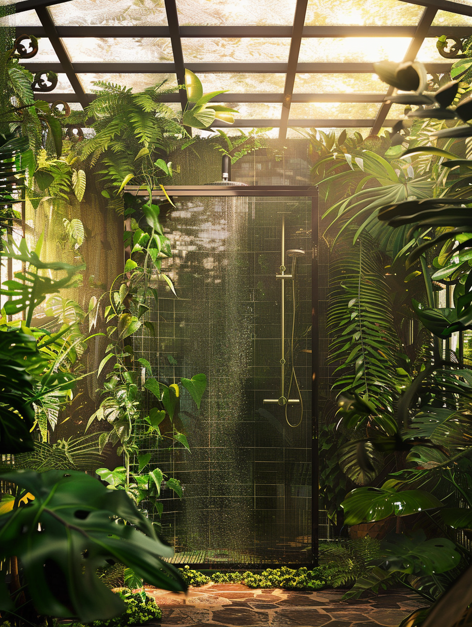 Craft a photorealistic image of a plants-shower room that draws inspiration from a lush jungle, embodying a vibrant yet serene atmosphere. At the heart of this scene, place a sleek, glass-enclosed shower, surrounded by an abundance of greenery—ferns, small trees, and hanging vines that create a natural canopy overhead. The room is bathed in soft, natural light, filtering through a frosted skylight, which enhances the depth of the greens and casts gentle shadows, adding dimension. The walls feature a combination of stone tiles and living moss, blurring the line between the indoors and the wild outdoors. For authenticity, use a Canon EOS R5 camera equipped with a 24-70mm f/2.8 L lens, capturing the scene at golden hour to harness the warm tones and soft lighting, emulating the style of renowned nature photographers of the 2020s. The composition is meticulously balanced, with the shower acting as the focal point amidst the vibrant flora, and the image benefits from a high-detail, sharp focus approach, with just a hint of film grain to add texture and depth, achieving a snapshot that feels like a serene, hidden jungle oasis.