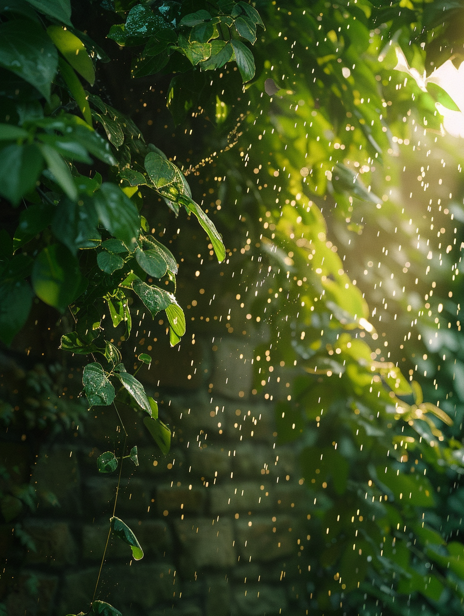 droplets of water glisten on the greenery and stone surfaces, enhancing the textures with a high detail, sharp focus, and slight film grain for depth. The camera, a Canon EOS R5 equipped with a 50mm f/1.2 lens, positioned at eye level, slightly off-center, allows for an expansive view while maintaining an intimate atmosphere, balancing the composition between the warmth of the shower and the cool tones of the surrounding foliage. This setup aims to mimic 2020s high-quality visual content, with a perfect harmony of global illumination, natural light, and the intricate interplay of light and shadow, creating a serene yet vibrant jungle-inspired sanctuary.