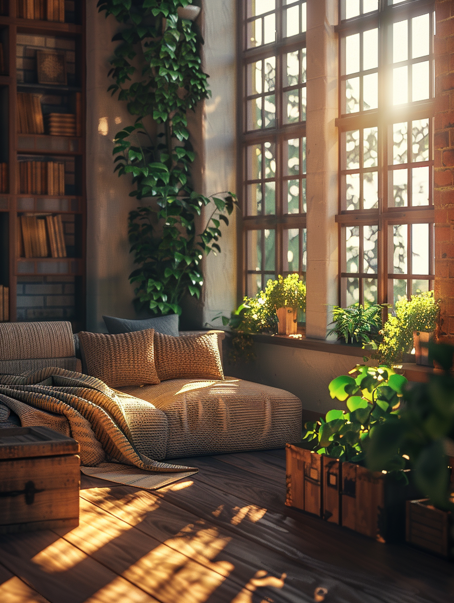 Generate a photorealistic image showcasing a Minecraft-inspired interior design, blending the iconic blocky aesthetics with real-world intricacy. Focus on a cozy living room setup at golden hour, with sunlight filtering through large, square windows, casting dynamic shadows that enhance the deep textures of the woolen sofa and the polished wood flooring. Ensure the scene is lit with global illumination techniques to mimic the soft, natural light's diffusion throughout the room, highlighting the contrast between the vibrant green of potted pixel plants and the muted tones of stone and wood blocks. Use a full frame camera setup with a 50mm prime lens, aperture set to f/1.8 to achieve a narrow depth of field, placing sharp focus on the central sitting area while gently blurring the background details. The composition should balance the rigid geometry of Minecraft’s aesthetic with the softness of real-life elements, creating a harmonious blend that feels both inviting and nostalgically digital. Aim for high detail and textured surfaces, capturing the essence of film grain to give the image a lived-in, tactile quality, reminiscent of the sophisticated visual storytelling found in the works of photographers like Annie Leibovitz or the atmospheric depth seen in Roger Deakins’ cinematography.