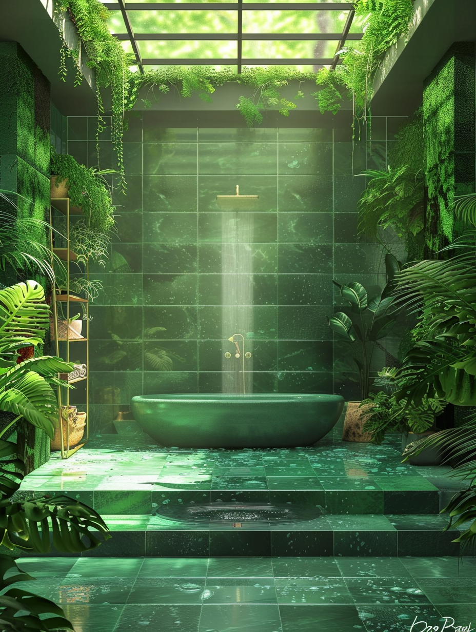 **Prompt:**

Create a photorealistic image of a luxuriously spacious shower room suffused with jungle-inspired elements aligned with the aesthetics of a high-end editorial in Architectural Digest's 2020s issues. Envision a space where the boundaries between nature and modern luxury blur—walls adorned with verdant, leafy plants cascading from built-in planters at varied heights against a backdrop of matte, deep green tiles that shimmer under the soft, diffused glow of skylight illumination, mimicking the natural light filtering through a rainforest canopy. The centerpiece, a sleek, freestanding bathtub, sits atop textured, earth-toned tiles, suggesting a natural clearing. Attention to detail ensures the presence of high-definition textures, like the subtle grain of the wood used in minimalist shelves filled with eco-luxury bath products, and the delicate droplets of water on the nearby glass enclosures, reflecting speckles of light. For authenticity, the image should be shot using a camera setup akin to the Canon EOS R5, with a 50mm f/1.2 lens, ensuring sharp focus on the central elements while gently blurring the periphery, enhancing depth. The composition should balance the lush greenery with the clean lines of modern design, capturing the essence of a serene, jungle-inspired retreat. Consider the nuanced interplay of light and shadow to enliven textures and surfaces, creating a dynamic yet harmonious scene.