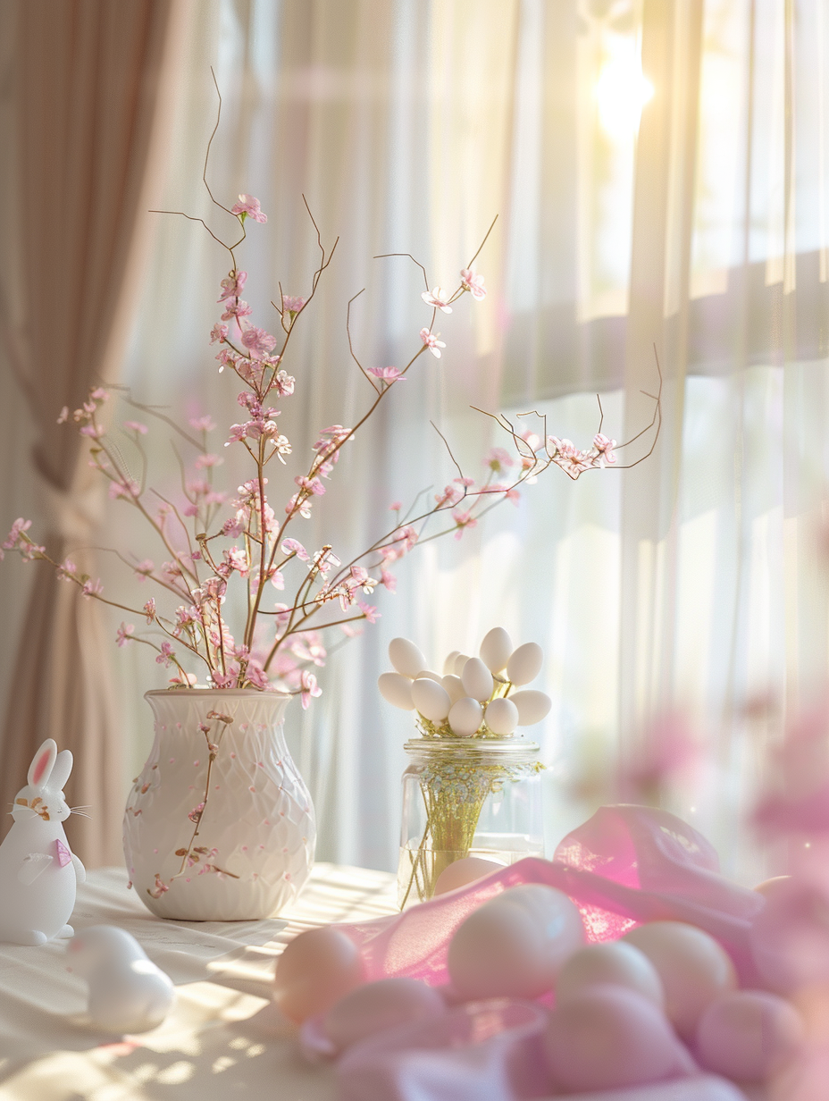 Generate a photorealistic image of an Easter-themed living room, meticulously designed to ooze the serene, joyful ambiance of a spring morning. Capture this scene through a Nikon D850, using a 50mm f/1.8 lens to ensure sharp focus and a shallow depth of field, highlighting the intricate Easter decorations and the soft, natural light flooding through sheer curtains. Emphasize high detail and texture, from the delicate blossoms of a centerpiece fresh spring bouquet to the wispy cotton of bunny figurines. Apply advanced lighting techniques, like global illumination, to realistically render the play of morning light across egg-shaped pastel decorations and reflective surfaces. The composition, inspired by the natural, soft aesthetic of Vermeer’s work, balances the warmth of the sun with the cool shadows, creating a harmonious, inviting space. Ensure the image intricately captures the essence of Easter and spring's renewal, with a clear focus, maintained balance, and a touch of film grain to add depth and a lifelike quality.