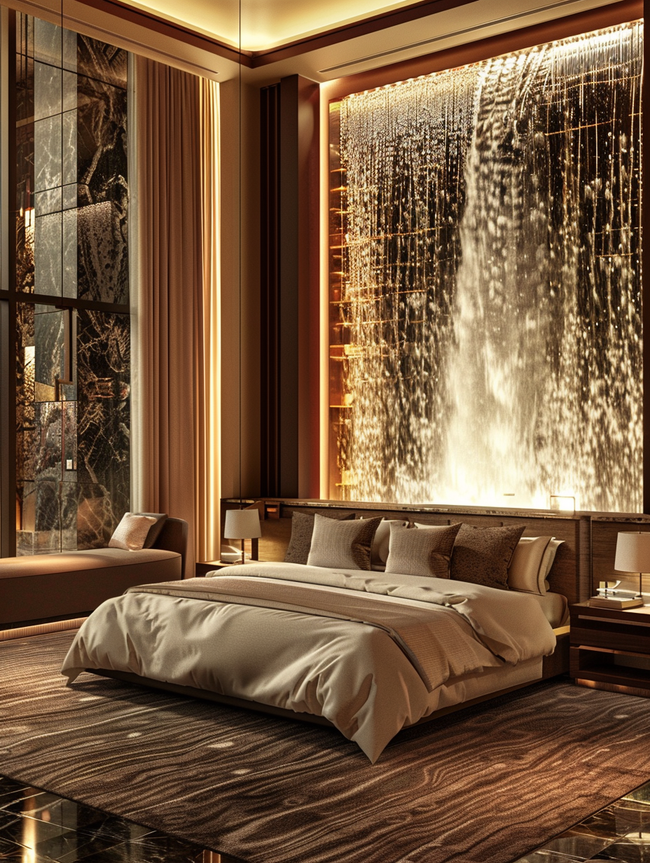 Capture a photorealistic image of a luxury hotel room, inspired by natural waterfalls, under the golden hour's natural light that floods through floor-to-ceiling windows, giving a soft, warm glow. The room harmonizes high detail, sharp focus, and a sprinkle of fine film grain to evoke depth. Center the room with a cascading indoor waterfall feature, artfully illuminated by strategically placed LEDs that mimic the sun's play on moving water. The king-sized bed, dressed in high-thread-count linen, is positioned to face this spectacle, reflecting the waterfall's serene motions. Materials such as polished stone, warm woods, and textured fabrics offer a tactile contrast, emphasizing the room's luxurious ambiance. The composition balances the vastness of nature's inspiration with the intimacy of sophisticated design, reminiscent of the high-quality visual content of the 2020s. Utilize a camera setup akin to Peter McKinnon’s style with a Canon EOS R5, employing a RF 24-70mm f/2.8 lens at a 50mm focal length, aperture at f/8 for optimal depth of field, ensuring everything from the foreground's plush, handwoven rug to the background's ambiently lit, custom-made furniture pieces is in crystal-clear focus.