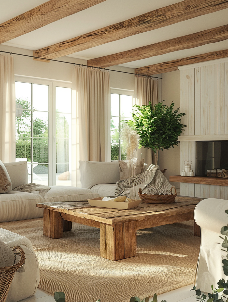 Capture a modern farmhouse interior that exudes warmth and simplicity, embracing the essence of updated classics. The main subject—the expansive, well-lit living room—showcases a seamless blend of rustic charm and contemporary sleekness. In high detail and sharp focus, highlight the natural wood beams against white shiplap walls, which are bathed in soft, natural light filtering through sheer, linen drapes. The furniture, a mix of vintage finds and modern pieces, should convey comfort and style, with textures like leather, cotton, and jute adding depth. A large, distressed wooden coffee table takes center stage, surrounded by a plush, neutral-toned sofa and armchairs, creating an inviting space. Place emphasis on the fireplace, with a reclaimed wood mantle adorned with minimalist decor, serving as the focal point. The scene is captured through a Canon EOS R5 with a RF 24-70mm F2.8 L IS USM lens, utilizing global illumination to achieve a realistic play of light and shadow, mimicking an early evening glow. The composition balances the warmth of the room with the coolness outside, visible through large, paneled windows, grounding the image in its serene, rural setting. Use references to the style of iconic 2020s interior photographers, such as Nicole Franzen, ensuring the image has a contemporary feel with a touch of film grain for texture.