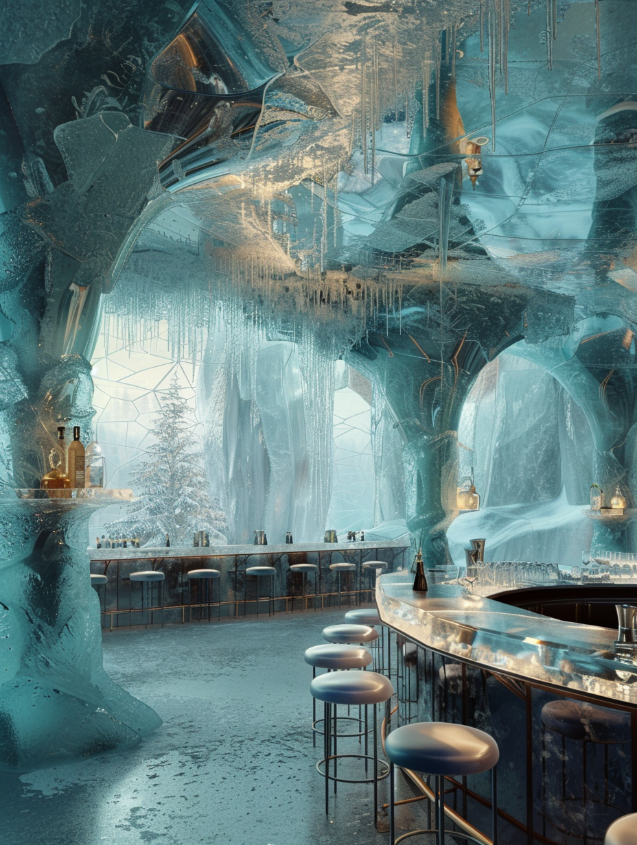 Capture a photorealistic image of the interior design of a bar, inspired by the North Pole, with an emphasis on high detail and sharp focus. The scene is illuminated by natural light filtering through ice, creating a global illumination effect. Use a Canon EOS-1D X Mark III with a 24-70mm f/2.8 lens, settings adjusted for indoor photography to enhance textures and reflections on the ice sculptures and furniture. The composition balances the cool blue tones of the ice with warm lighting accents to invite coziness. Mimic the visual style of Gregory Crewdson's cinematographic lighting, incorporating subtle film grain for texture. The mood is serene, with the play of light and shadow adding depth.