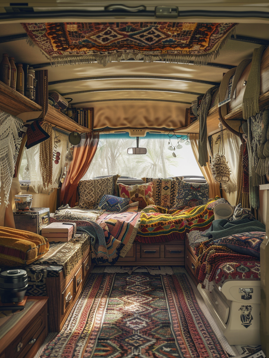 Generate a photorealistic image showcasing the interior of a boho camper van in exquisite detail, emulating the clarity and texture akin to the works of Annie Leibovitz. Capture the scene using a Canon EOS R5 with an RF 24-70mm F2.8 L IS USM lens, ensuring sharp focus and high resolution. The van is adorned with macramé hangings, plush, colorful cushions, and rich, Persian rugs underfoot. Natural light floods through the open back doors, illuminating the intricate woodwork and casting soft shadows, creating a warm, inviting atmosphere. Advanced lighting techniques should highlight the textures of the fabrics and the smoothness of the wood, achieving a balanced composition with a hint of film grain for authenticity. This image should convey a sense of freedom and cozy, artistic living, resonating with the style and aesthetics of the 2020s bohemian lifestyle photography.