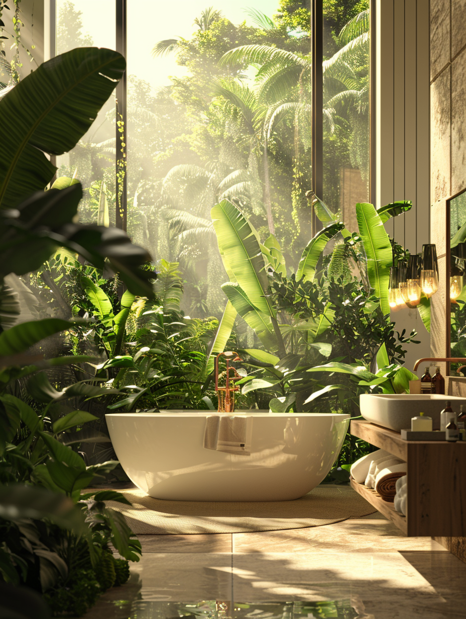 Capture a photorealistic image of a luxuriously modern bathroom designed with a jungle inspiration, emphasizing high detail, sharp focus, and the delicate play of natural light filtering through the lush greenery. The scene is to be photographed using a full-frame DSLR camera, equipped with a 50mm f/1.4 lens, to achieve a shallow depth of field and a creamy bokeh effect, highlighting the rich textures of the plants and the natural stones. Set the scene during the golden hour to exploit the soft, diffused sunlight that enhances the vibrant greens and casts dynamic shadows, creating a lively yet tranquil atmosphere reminiscent of a secluded jungle. The composition should balance the organic forms of the plants with the sleek lines of the modern fixtures, capturing the essence of a jungle-inspired sanctuary with an unmistakable air of 2020s high-quality visual content. This image should invite the viewer into a world where nature seamlessly integrates with modern design, encapsulated in a single, cohesive frame that tells a story of escape and tranquility.