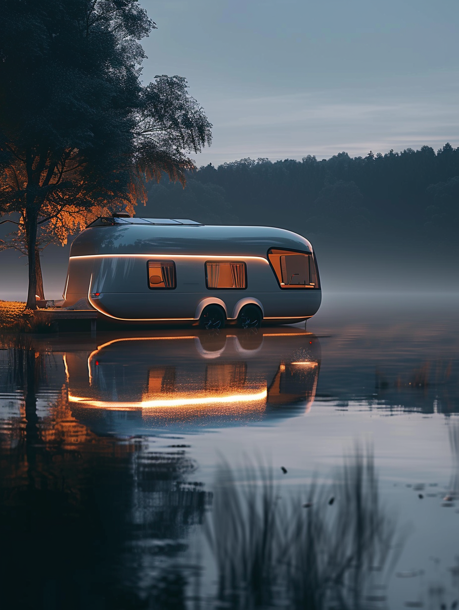 Capture a photorealistic image of a cutting-edge futuristic camper van parked on a serene lakeside at twilight. The camper's sleek, metallic surface reflects the soft, dusky light, showcasing its aerodynamic design and integrated solar panels. Employ a Canon EOS R5 camera with a RF 24-70mm f/2.8L IS USM lens, set to capture the intricate details, from the texture of the smart-glass windows to the LED accents that illuminate its outline. Balance the composition with the natural surroundings, using global illumination to mirror the van in the calm lake water, creating a symphony of technology and nature. Implement a shallow depth of field for a focus on the camper, with a gentle bokeh of distant lights on the opposite shore, evoking a tranquil, adventurous spirit reminiscent of a Christopher Nolan film scene. Aim for high detail, sharp focus, and subtle film grain to enrich the texture and depth of the scene.