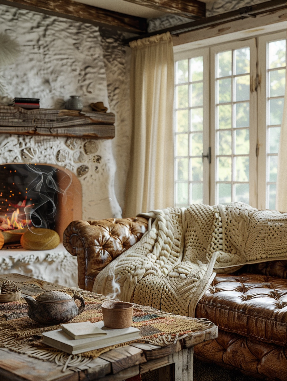 Capture a cozy rustic farmhouse living room bathed in the warm glow of late afternoon sunlight. The scene is rich in detail, showcasing a well-worn leather sofa draped with a handmade quilt, a rough-hewn wood coffee table holding a steaming mug and worn books, and a stone fireplace gently crackling. Incorporate details like the texture of the walls, showing exposed wooden beams and white plaster, adding depth and character. The soft, natural light streams in through large windows, casting dynamic shadows and highlighting textures such as the braided rug underfoot and the delicate lace curtains fluttering lightly. The camera setup mirrors that of high-end 2020s visual content, with a full-frame DSLR equipped with a 50mm prime lens, aperture set to f/1.8 for a shallow depth of field, ensuring the main subject remains in sharp focus while subtly blurring the background. This setup, combined with a balanced composition and the use of natural light and shadow, evokes a sense of warmth, inviting the viewer into this tranquil, homely scene. The image style should be reminiscent of the detailed, textural work of renowned photographers like Annie Leibovitz, capturing not just the space but the essence of rustic farmhouse living with a palpable, photorealistic quality.