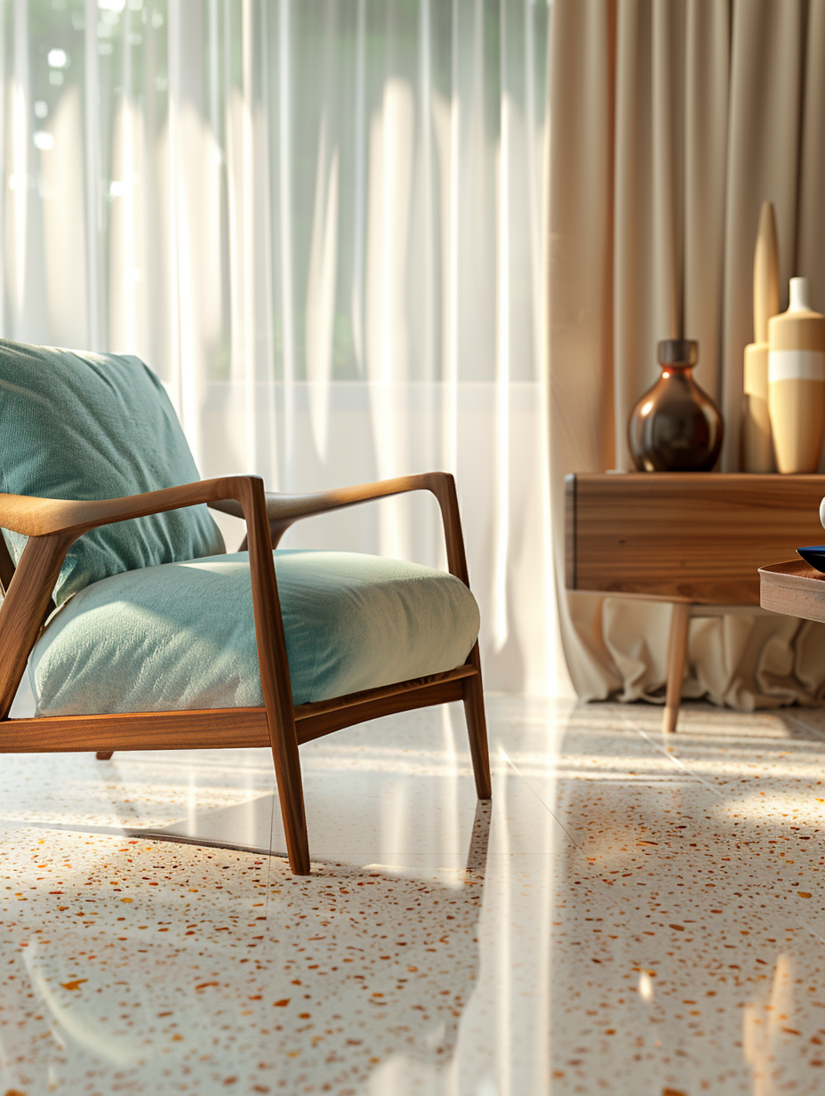 Capture a photorealistic image of a living room steeped in a retro revival theme, showcasing the elegance of terrazzo flooring. The scene basks under the soft, diffuse glow of morning sunlight filtering through sheer curtains, casting gentle patterns on the intricate terrazzo—its specks of marble and quartz gleaming subtly. Focus on a mid-century modern armchair, upholstered in turquoise velvet, positioned thoughtfully near a walnut coffee table adorned with vintage ceramic vases. The camera, a Canon EOS R5 equipped with a 50mm f/1.2L lens, is set to capture this scene in high detail, emphasizing textures and the rich color palette. The image composition balances the vivid terrazzo against the warm wood tones and pops of color from mid-century accessories, using a shallow depth of field to draw attention to the refined craftsmanship of the furniture and floor. The atmosphere evokes a sense of nostalgia, enhanced by natural lighting techniques that mimic the softness of film. Emulate the style seen in works by renowned photographer William Abranowicz, aiming for a sharp focus, high detail, and a hint of film grain to add texture, ensuring the image resonates with the quality and aesthetic of 2020s visual content.