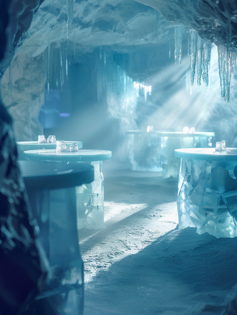 Capture a photorealistic image of an Ice Bar interior, inspired by the North Pole, with a Sony A7R IV camera, using a 24-70mm f/2.8 GM lens at 35mm, f/8 for sharp focus and high detail. Employ global illumination to mimic the soft, diffused light of the Arctic, with rays peeking through translucent ice walls, creating a serene blue hue and intricate shadows on the ice sculptures that double as bar furnishings. The composition balances the rugged texture of the ice with the smooth, reflective surface of the bar, replicating the style of a high-quality 2020s architectural digest. The scene is rich with detail, from the fine frost patterns on the tables to the gentle film grain that adds realism.