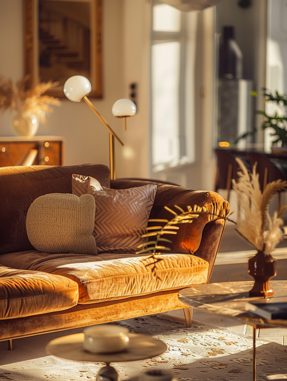 Capture a photorealistic image of a Retro Chic Vintage Glam Living Room, basking in the golden hour's natural light. Utilize global illumination to highlight the intricate textures of velvet sofas, polished brass accents, and mid-century decor. The scene should be shot with a Canon EOS R5, using a 50mm f/1.2 lens, ensuring high detail and sharp focus, mimicking the style of a Gregory Crewdson tableau. Balance the composition with a depth of field that brings the foreground into prominence while softly blurring the background, incorporating gentle film grain for a touch of nostalgia. The mood is warm, inviting, and richly detailed, capturing the essence of retro glam with a contemporary high-quality visual appeal.