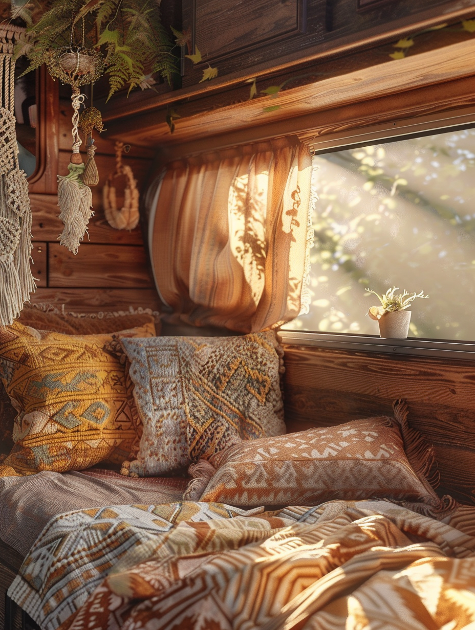 Capture a photorealistic image of a Boho Camper Van Interior, bathed in the golden hour light streaming through open windows, creating a soft, natural glow and intricate shadows across a tapestry of textures. The scene focuses on a cozy nook, with plush, patterned cushions, aged wooden surfaces, and hanging macrame plant holders. Varied textures like wool, linen, and aged wood should be in sharp focus, highlighting the delicate balance of rustic charm and bohemian flair. Use a Canon EOS R5 camera equipped with a Canon RF 28-70mm f/2L USM lens, settings adjusted for high detail capture, with a depth of field shallow enough to emphasize the main subject while softly blurring the background. Emulate the natural light photography style of Renowned photographer Martien Mulder, ensuring global illumination complements subtle film grain textures for a realistic 2020s visual content feel. The composition balances the van's compact space with its rich, diverse materials, casting an inviting, lived-in mood.