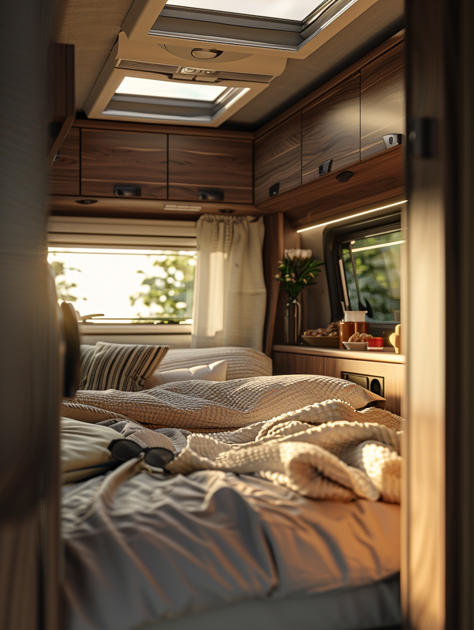 Generate a photorealistic image capturing the essence of a modern, remodelled camper van interior, embodying the pinnacle of 2020s design aesthetics. The scene is illuminated by natural light streaming through half-opened roof skylights, highlighting the high-detail textures of the walnut woodwork and soft, woven fabrics. The camera setup emulates a Canon EOS R5 with a 50mm f/1.2 lens, ensuring sharp focus on the compact, multi-functional living area, with a slightly blurred background that subtly showcases the integrated, space-saving storage solutions. The composition balances the warmth of the interior against the cool, morning light, creating a cozy yet invigorating atmosphere. Reference the visual storytelling techniques of Annie Leibovitz, particularly her ability to capture intimate spaces in a way that feels both personal and expansive. This scene should not only showcase a camper van remodel but invite the viewer to imagine the freedom and adventure it represents.