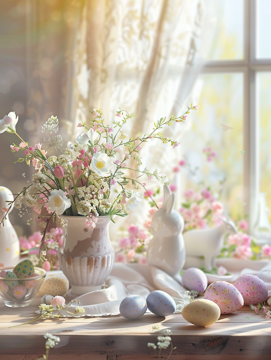 Capture a photorealistic image of an Easter-themed interior, emphasizing the serene morning light filtering through sheer curtains, casting a soft glow over a rustic wooden dining table adorned with pastel-colored Easter decorations. The setup includes a centerpiece of fresh spring flowers in a delicate vase, surrounded by scattered painted eggs and elegant ceramic bunnies. Ensure the scene exudes a warm, inviting atmosphere, with the sunlight highlighting the textures of the wooden table and the translucent quality of the flower petals. Utilize a Canon EOS 5D Mark IV camera with a 50mm f/1.2 lens, ensuring sharp focus on the centerpiece, while gently blurring the background to mimic the depth of field seen in high-quality 2020s lifestyle magazines. Aim for a composition that balances the elements harmoniously, capturing the essence of Easter with a modern, stylistic nod.