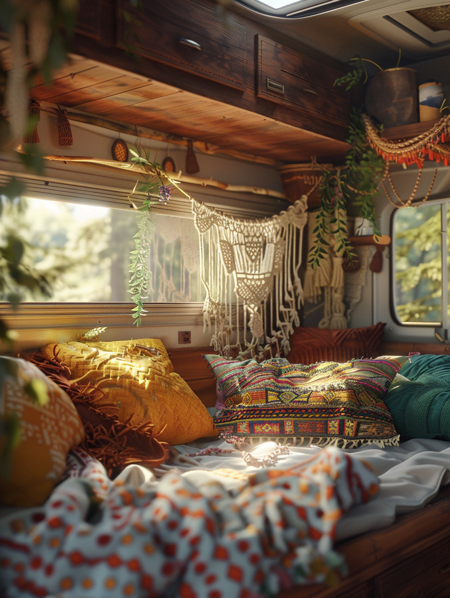 Craft an image depicting the interior of a Bohemian-inspired camper van, rich in intricate detail and depth. Picture this through a Canon EOS R5 with a 24-70mm f/2.8L lens, set to capture the space in sharp focus, simulating global illumination to enhance the natural light streaming through the van's side window. The van is adorned with macrame hangings, plush, vibrant pillows, and a cozy, makeshift bed draped in textured, colorful fabrics. Wooden surfaces add warmth, juxtaposed against the cool metal of the van's structure, illuminated softly by the golden hour sunlight, casting a serene ambiance. The image, reminiscent of a high-quality 2020s lifestyle magazine, should balance the rich tapestry of materials and the airy, open feel of the space, capturing the essence of freedom and adventure with a touch of home. Use high-detail rendering and a touch of film grain to give a photorealistic texture, emphasizing the authenticity of the scene while ensuring the composition is harmonious and engaging.