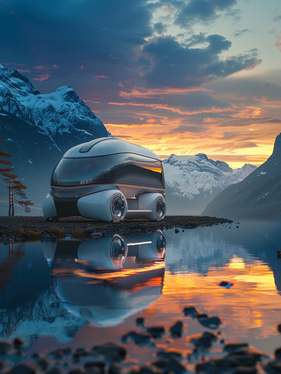 Capture a high-detail, photorealistic image of a sleek, futuristic camper van parked on a serene lakeside at sunset. The van's innovative design features smooth, aerodynamic curves and reflective surfaces that catch the fading sunlight, creating a sharp focus with a play of light and shadow. The scene is rendered with global illumination techniques, emulating the subtle lighting nuances of a calm evening. The van's exterior, a blend of chrome and matte finishes, contrasts beautifully with the natural surroundings. Compositionally, the camper van is centered, with the tranquil lake and distant mountains providing a breathtaking backdrop. This image should mimic the style of 2020s high-quality visual content, utilizing a full-frame DSLR camera setup with a 24-70mm f/2.8 lens at 50mm focal length to achieve a natural field of view, with settings tuned for depth of field and sharp focus on the van while softly blurring the background. The scene incorporates environmental textures like the gritty asphalt beneath the van and the gentle ripples on the lake surface, enhancing the overall realism.