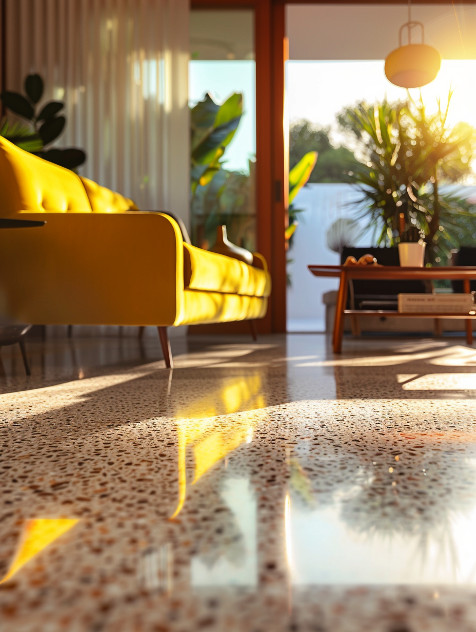 Capture a retro revival-themed interior showcasing the luxurious versatility of terrazzo flooring in a mid-century modern living room. The space should radiate warmth through global illumination, embracing the golden hour sunlight that peeks through large, geometric windows, casting intricate shadows and highlights across the speckled surface. Employ a Canon EOS-1D X Mark III, using a 24mm f/1.4 lens for its wide angle yet intimate perspective, ensuring that the terrazzo’s intricate pieces and the room's vintage decor are in sharp focus, achieving a high-detail, photorealistic image. Emphasize the texture of the materials, from the smooth, reflective terrazzo to the soft, velvety texture of a mustard-yellow, mid-century modern sofa that anchors the space. The composition should be balanced, with a hint of film grain to evoke the feel of high-quality 2020s visual content, akin to the work of photographers like Annie Leibovitz or the nostalgic essence of Wes Anderson film scenes. Ensure that the nuanced blend of natural and ambient lighting highlights the terrazzo's unique pattern, complementing the retro furnishings and decor, thus crafting a coherent and visually stunning homage to the past while maintaining a fresh, modern appeal.