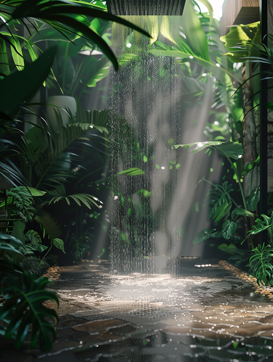 Create a photorealistic image capturing a luxurious shower room, inspired by a dense, lush jungle. The central focus is a rainfall shower head, from which water cascades like a serene waterfall, surrounded by an assortment of tropical plants in high-detail, vivid green hues that pop against the matte black shower fixtures and natural stone tiles. The scene is bathed in soft, natural light filtering through a frosted glass window, creating a delicate interplay of light and shadow on the wet surfaces and plant leaves, achieving a high dynamic range reminiscent of the works shot by renowned photographer Peter McKinnon. The composition, captured through a Canon EOS 5D Mark IV, fitted with a 24-70mm f/2.8L lens at a 50mm focal length, ensures sharp focus on the central shower head while gently blurring the edges of the frame, adding depth. The image should convey a sense of tranquility and intimate connection with nature, utilizing a shallow depth of field to emphasize the textures of water droplets on leaves and stone, without sacrificing detail. The color palette is rich yet natural, aiming for the balance and harmony observed in high-quality 2020s visual content, with a slight adjustment to mimic the effect of natural film grain to add texture and a touch of nostalgia.