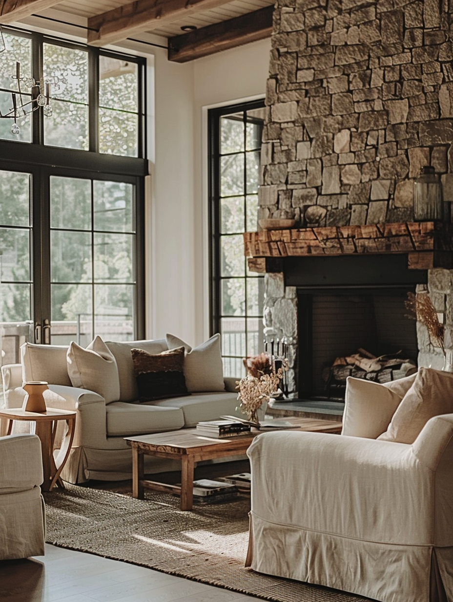 Capture a modern farmhouse interior, embodying a blend of rustic charm and contemporary sleekness. The main view focuses on a spacious living room adorned with a high-beamed ceiling, an exposed stone fireplace, and elegant, minimalist furnishings. Use a Canon EOS R5 camera with a 50mm f/1.2L lens to achieve sharp focus and high detail. Employ natural light streaming through large, floor-to-ceiling windows, supplemented by soft, global illumination to highlight textures like the distressed wood flooring and the soft, woven fabrics of the furniture. Compositionally, balance the image with a symmetrical layout, placing the fireplace as the central feature, flanked by plush, neutral-colored sofas, and a classic, low-hanging chandelier above. Emulate the style of a high-quality 2020s architectural magazine cover, ensuring the scene is rich in texture—from the film grain of the stone to the soft, natural fibers of the throw pillows. Carefully manage the play of light and shadow to add depth and dimension, creating a scene that feels inviting, warm, and perfectly grounded in its modern farmhouse aesthetic.