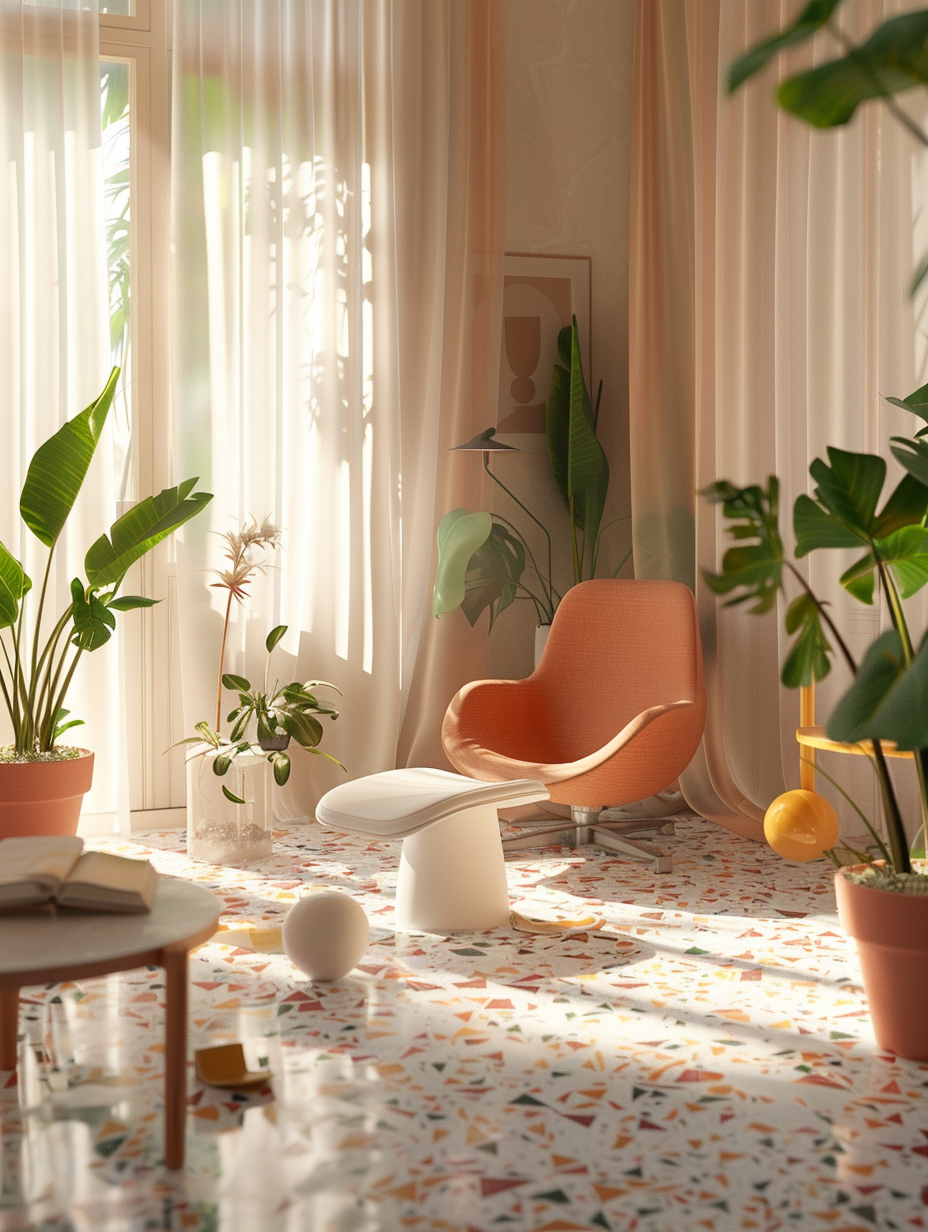 Capture a photorealistic image that embodies a retro revival, focusing on an interior design highlighted by terrazzo flooring. Imbue the scene with a warm, soft natural light cascading through sheer, geometric-patterned curtains, invoking an early morning serenity. The composition should prioritize high detail and sharp focus, utilizing a Canon EOS-1D X Mark III with a 50mm f/1.2L lens to achieve depth of field and bokeh effects, reminiscent of Vivian Maier's candid street photography. Objects within the space – mid-century modern furniture with clean lines, potted plants with lush greenery, and vibrant terrazzo patterns in peach, white, and seafoam hues – should be meticulously positioned to create a balanced and inviting environment. Capture the scene using global illumination to replicate the subtleties of real-life lighting, ensuring details like the texture of the terrazzo, the fabric of the furniture, and the interplay of light and shadow are vividly depicted. Aim for the high-quality visual content of 2020s interior design publications, with an added touch of film grain for texture and nostalgia.