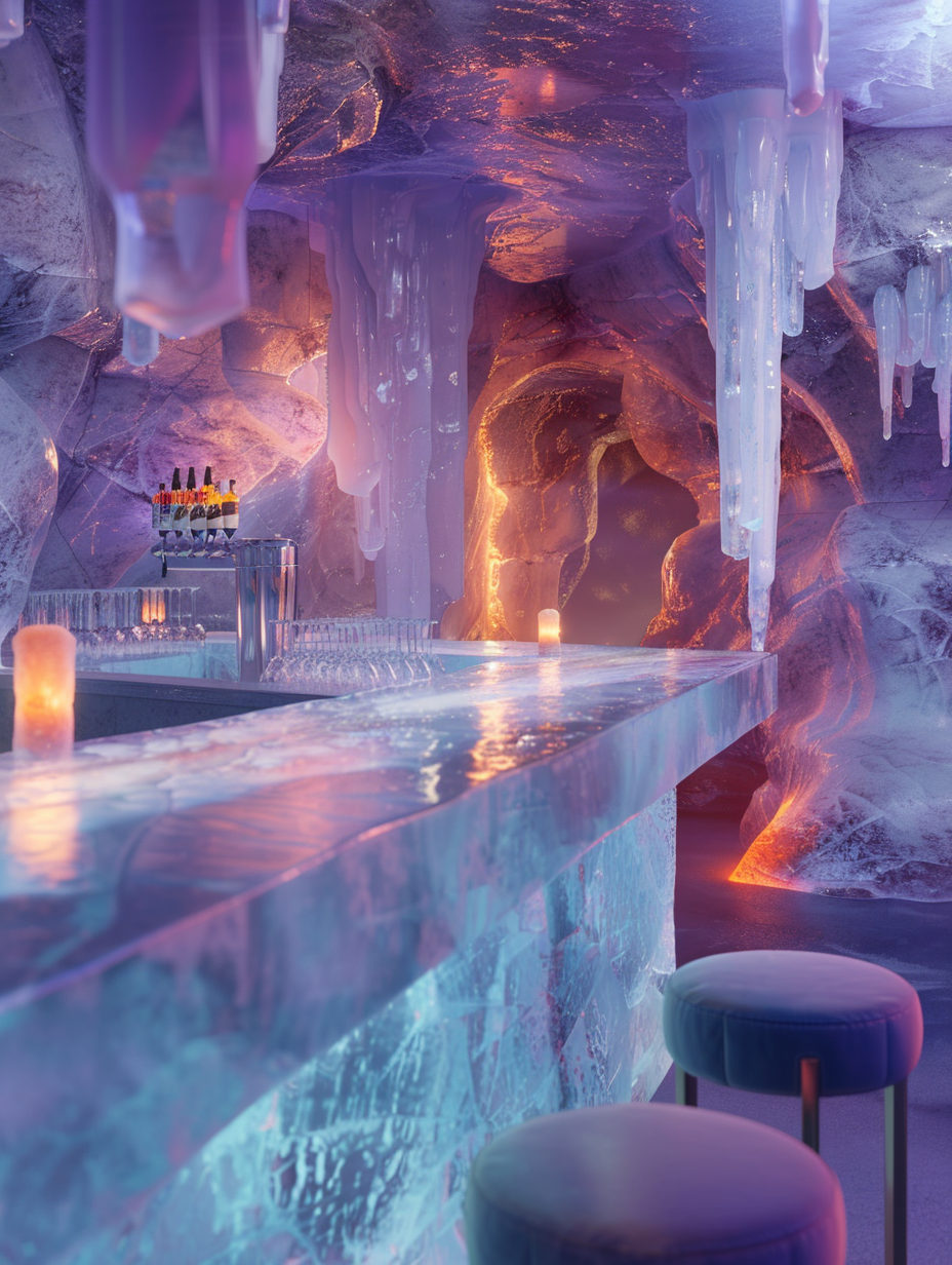 Capture a photorealistic image of an ice bar, inspired by the North Pole's enchanting landscape, using a Canon EOS R5 with an RF 28-70mm F2 L USM lens to ensure sharp focus and high detail. The setting: a luxurious, yet icy interior, where the light dances through sculpted ice walls, mimicking the ethereal glow of polar sunsets with advanced global illumination techniques. Highlight the bar counter, carved from a single block of ice, under soft, natural light that reveals intricate patterns and textures. Incorporate subtle reflections and refractions that add depth and realism, emulating the style of high-quality 2020s visual content. The composition balances the majesty of the ice with the warmth of scattered, dimly lit, amber-colored lanterns, creating a captivating contrast. Aim for a slight film grain for texture.