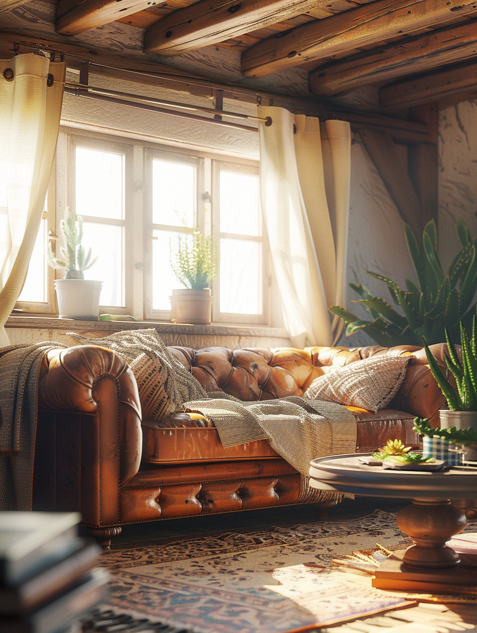 Capture a photorealistic image of a cozy, rustic farmhouse living room, bathed in the golden hues of late afternoon sunlight filtering through sheer linen curtains. The main subject centers on a well-worn, tufted leather couch, adorned with hand-knitted throws and flanked by vintage, distressed wood side tables showcasing potted succulents. Above, a reclaimed wooden beam ceiling casts intricate shadows, adding depth and warmth. The scene is seamlessly lit with global illumination that accentuates the rich textures of the room, from the rough-spun fabric of the rugs underfoot to the soft gleam on the polished copper accents. Shooting with a Canon EOS R5 equipped with a 50mm f/1.2L lens, settings should aim for high detail and sharp focus, employing a shallow depth of field to subtly blur the background, drawing the viewer's attention to the leather's patina and the intricacies of the throws. The balanced composition, inspired by the homely yet sophisticated style seen in Annie Leibovitz's personal spaces series, utilizes natural light's dynamism to create a snapshot that feels both ephemeral and timeless. The image captures not just a room, but a moment of serene, lived-in elegance, with a slight film grain overlay to evoke a sense of nostalgia appropriate to the scene's early 2020s high-quality visual content aesthetic.