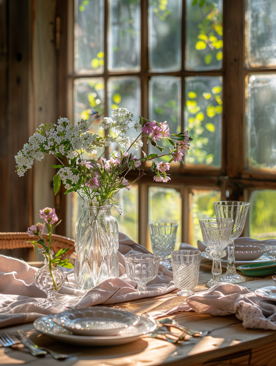 Capture a photorealistic snapshot of a homestead infused with spring renewal, embodying the essence of home decorating ideas for the season. The main subject is a rustic wooden dining table, meticulously set for a spring brunch. The table is adorned with a centerpiece of freshly picked wildflowers in a vintage, glass vase, flanked by pastel-colored plates and delicate, crystal glassware that catch the morning light. The natural light pours in through a large, open window, highlighting the intricate textures of the linen tablecloth and the soft, pastel hues of the table setting. The scene is shot with a Canon EOS R5, utilizing a RF 24-70mm f/2.8L IS USM lens at f/5.6 to achieve high detail and sharp focus, while employing a shallow depth of field to softly blur the background, enhancing the feeling of intimacy. The light is orchestrated to mimic the soft, diffuse glow of early spring mornings, using global illumination techniques to capture the subtle interplay of light and shadow, enhancing the textures of the wood, glass, and fabrics. This image, reminiscent of the photographic style of Simon Watson in its ability to evoke the texture and warmth of spaces, is balanced in composition, capturing the essence of spring renewal through the lens of home decor.