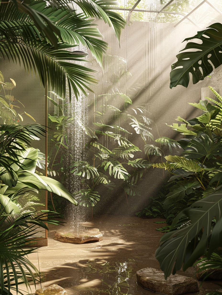 Craft a photorealistic image of a Plants-Shower Room design, breathing with the vitality of a jungle. Envision the scene through a Canon EOS R5, using a 24-70mm f/2.8L lens, to capture the stunning clarity and depth. The room bathes in soft, natural light filtering through a frosted glass ceiling, mimicking the gentle diffusion found in a rainforest canopy. High-detail elements such as the dew on vibrant green leaves, the texture of dark, wet stones underfoot, and the steam rising warmly from a cascading waterfall shower head are paramount. The composition harmonizes with the golden ratio, positioning key elements like an exotic, large-leafed Monstera and a cluster of delicate ferns as focal points. The scene is balanced yet alive, with shadows and light playing across the surfaces to enhance the sensation of a secluded jungle retreat. Artistically, it's a nod to the immersive, verdant photography of Lucas Foglia, infused with the atmospheric depth and realism seen in high-quality 2020s visual content.