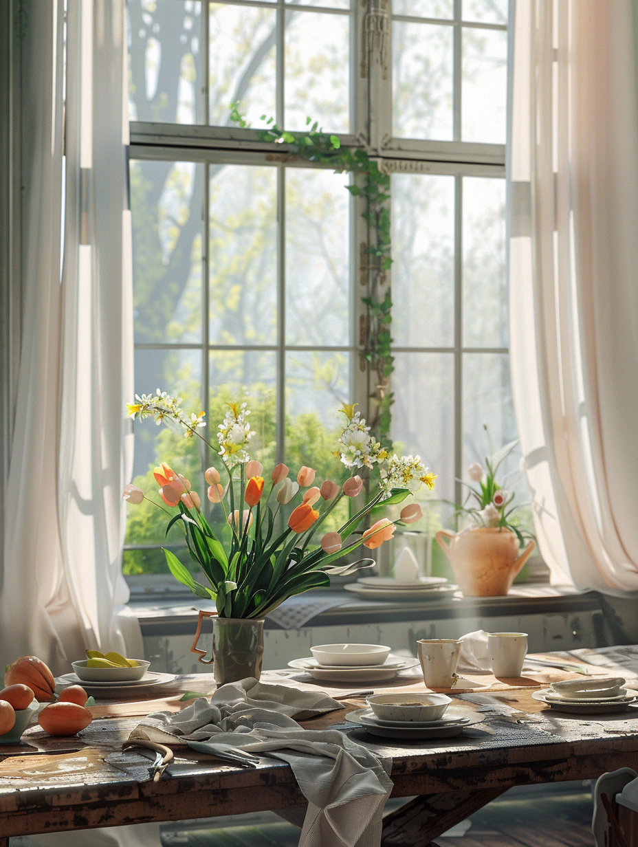 Create a photorealistic image of a Homestead Renewal scene captured in early spring, focusing on Spring Decorating Ideas. In the center, a rustic, wooden dining table is adorned with a centerpiece comprising fresh, vibrant tulips and daffodils, flanked by handmade, pastel-colored ceramic dishes and linen napkins. Morning light pours through a large, east-facing window with sheer, white curtains fluttering gently, casting soft, diffused natural light and subtle shadows across the scene, emulating the warm, golden hour glow. This setup should reflect the essence of rejuvenation characteristic of spring, utilizing a Canon EOS R5 camera paired with a Canon RF 50mm F1.2L USM lens for high detail and sharp focus, with a shallow depth of field to slightly blur the background, enhancing the tableau's vivid colors and textures. The composition is balanced, drawing inspiration from the harmonious, real-life visual storytelling of Annie Leibovitz's environmental portraits, combined with the tactile richness and depth of a Wes Anderson film scene. Advanced lighting techniques should simulate global illumination and natural light nuances, with attention to the interaction between light and the materials - wood grain, ceramic gloss, and fabric weave - to convey a warm, inviting atmosphere.