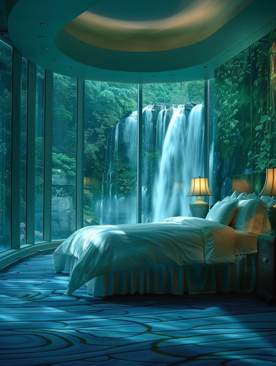 Capture a photorealistic image of a Natural Lights - Luxury Hotel Room Design inspired by a waterfall. The main subject focuses on a bed with crisp, white linens, centered in a room flooded with natural light through floor-to-ceiling windows. A cascading waterfall mural adorns the main wall, complementing the tranquil blue and green color scheme. Use a Canon EOS R5 with an RF 28-70mm F2 L USM lens, settings adjusted for high detail and sharp focus, harnessing global illumination to highlight the texture of the materials like the plush carpet and the smooth reflective surfaces that echo the flow of water. Mimic the style of early 2020s luxurious interior photography, with a balanced composition that draws the eye from the soft glow of the bedside lamps to the serene waterfall mural. Consider the interplay of light and shadow to convey a morning freshness, and subtly incorporate film grain for added depth and realism.