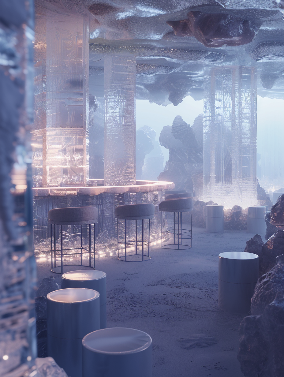 Capture the ethereal ambiance of a North Pole-inspired ice bar's interior design. The main focus should be on the bar, intricately carved from crystal-clear ice, backlit with soft, global illumination mimicking the natural light of the polar twilight. The setting is complemented by ice sculptures and furniture with a subtle sparkle, enhancing the cool, serene atmosphere. A Nikon D850, equipped with a 24-70mm f/2.8 lens, is ideal for this shot, ensuring high detail and sharp focus, while employing a slight film grain to add texture. Compositionally, balance is achieved by the symmetrical placement of the bar against the ice-block walls, with stools evenly spaced. The mood is one of otherworldly elegance, achieved through the contrast of warm and cool lighting, casting soft, inviting shadows. Advanced photographic techniques, reminiscent of high-quality 2020s visual content, ensure a photorealistic rendering of this captivating scene.