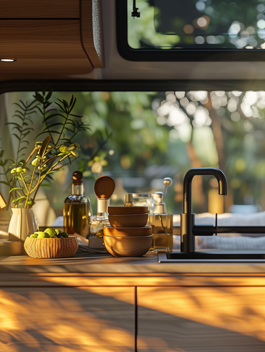 Capture a photorealistic image of a carefully remodeled camper van, integrating modern, minimalist interior design with rustic touches. Start the detailed description focusing on the main subject, placing it during the golden hour to leverage the natural light's soft, warm hues sculpting the scene. The interior showcases high detail, sharp focus on the sleek, white oak cabinetry paired with matte black fixtures, and a compact, multifunctional space that unfolds ingeniously within the van's confines. Utilize a Canon EOS-1D X Mark III, with an EF 24mm f/1.4L II USM lens to achieve a broad, yet intimately detailed view, ensuring the textures of the linen upholstery and the subtle grain of the wood stand out. The composition should emulate the aesthetic found in the works of renowned photographers like Alex Strohl, with a balance of naturalism and a well-thought-out layout that feels spontaneous yet purposefully arranged. Special attention must be paid to the global illumination and the nuanced play of light and shadow, highlighting the curves and corners of the space, invoking a cozy, inviting atmosphere. Ensure the backdrop slightly blurs to emphasize the camper van's interior, creating a sense of depth and dimension.