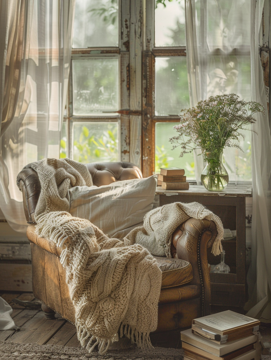 Capture a homely rustic farmhouse living room, bathed in the soft, golden light of late afternoon seeping through sheer linen curtains. The main subject: a cozy, worn leather armchair adorned with hand-knit throws, flanked by a vintage, weathered wood coffee table displaying a vase of wildflowers, and an assortment of worn books. The scene is shot with a Canon EOS R5 utilizing a RF 24-70mm F2.8 L IS USM lens, ensuring high detail and sharp focus, especially on the textures of the wood grain, leather creases, and fabric threads, balancing the composition. Emulate the style of Annie Leibovitz's warm, intimate portraits, using global illumination to highlight the intricate play of light and shadow, casting a comforting yet vivid scene. The mood is serene, inviting the observer to feel the warmth and quiet of a pastoral afternoon, with a background softly focused, featuring rustic beams and whitewashed walls. The visual treatment should mimic the high-quality, tactile depth of 2020s visual content, with a hint of film grain to enhance the photorealistic texture.