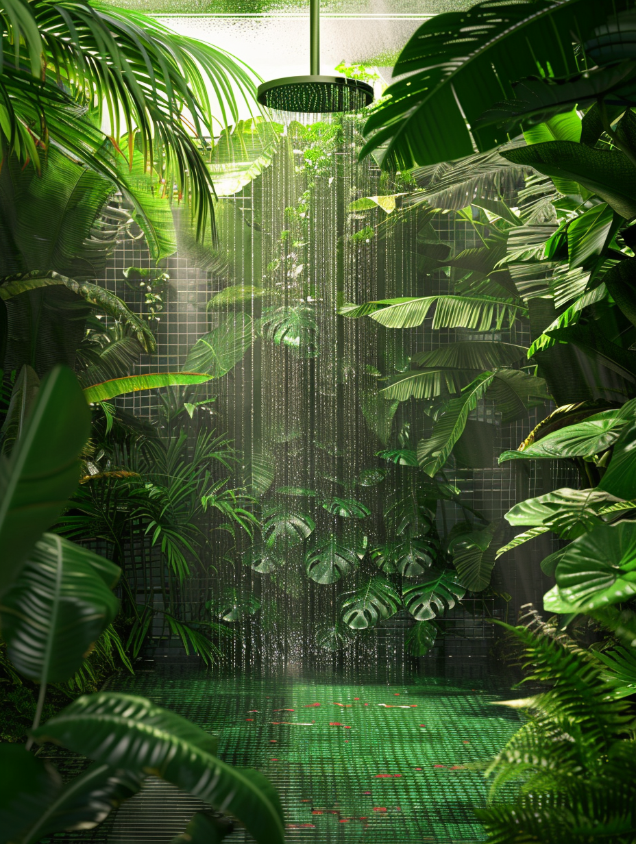 Capture a photorealistic image of a Plants - Shower Room Design inspired by a dense jungle. The main focus lies on a ceiling-mounted rainfall shower head, dripping water onto a rich, mossy green tile floor, surrounded by lush, glossy-leaved tropical plants. Incorporate global illumination and natural light seeping through a large, frosted glass window to create a soft, diffused light effect, highlighting the vibrant greens and the texture of the wet surfaces. Use a Canon EOS R5 camera paired with a Canon RF 28-70mm F2 L USM lens, set to a focal length of 50mm to achieve sharp focus on the plants and shower head while gently blurring the background, adding depth. Emulate the style of Jordan Sullivan’s natural light photography to capture the interplay of light and shadow, emphasizing the dew drops on the leaves and the steam rising gently off the warm water. Ensure the composition is balanced with the shower head centrally positioned and the plants framing the scene, creating a serene, inviting atmosphere with a hint of film grain to add realism and texture.