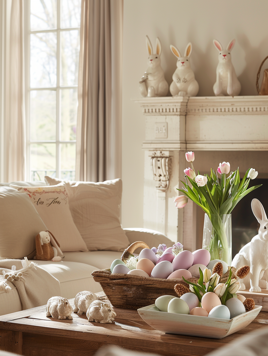 Craft a photorealistic image of an Easter-themed living room, bathed in the soft, warm glow of morning light filtering through sheer curtains. The main focus is a meticulously decorated mantle showcasing an array of pastel-colored Easter eggs, delicate porcelain bunnies, and fresh spring flowers. The setting marries rustic charm with elegance, featuring a vintage oak coffee table adorned with a vase of blooming tulips, surrounded by plush, cream-colored sofas. Invoke the sharp focus and high detail characteristic of a Canon EOS-1D X Mark III, with a 24-70mm f/2.8 lens, capturing textures from the woven fabric of throw pillows to the wood grain of the mantle. Balance is achieved through the thoughtful placement of Easter-themed decor, complementing the natural light to create a scene of serene celebration. Aim for the visual fidelity and mood reminiscent of a Nancy Meyers film, emphasizing coziness and a lived-in feel, with a touch of film grain for texture.