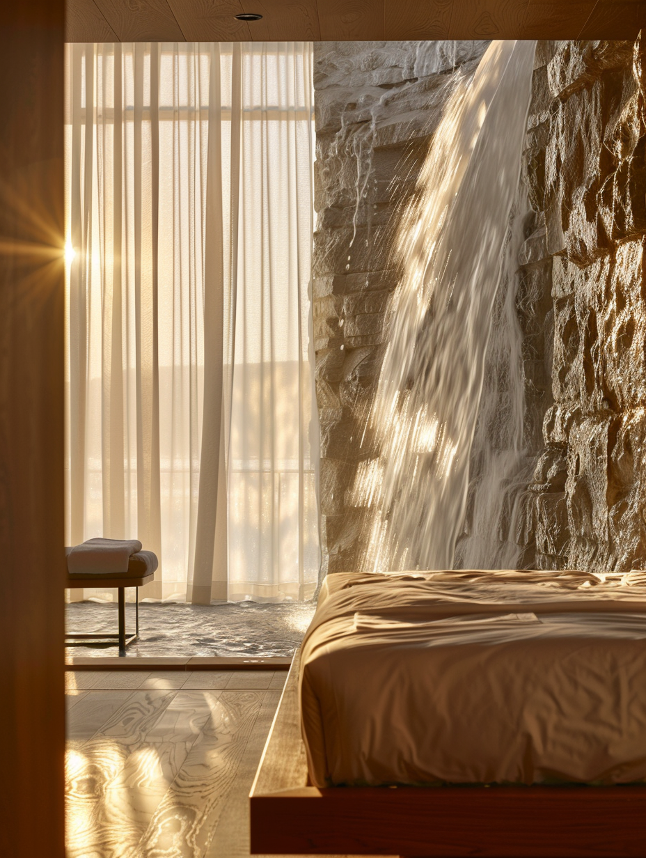 Capture a photorealistic image of a luxury hotel room inspired by natural lights and a waterfall, reflecting the essence of modern 2020s design. The image should be shot using a full-frame DSLR, preferably a Canon EOS 5D Mark IV, with a 24-70mm f/2.8L lens to ensure sharp focus and high detail. The aperture should be set to f/8 to capture the entire room in crisp detail, from the plush, ivory-colored bedding to the cascading waterfall integrated into the stone wall behind a sheer, backlit curtain. Natural light floods the room through floor-to-ceiling windows, complemented by soft, warm LED lighting hidden in the room's architecture, creating a balanced, appealing composition. Aim for the golden hour to enhance the ambience with a soft, diffused glow, highlighting textures like the smooth, polished wooden floor and the delicate fibres of the linen. The scene should be devoid of any artificiality, capturing the interplay of light and shadow with realism, akin to the style of renowned photographer Peter Lindbergh's atmospheric use of natural light. Emphasize the serene mood, the luxurious yet minimalistic furnishings, and the soothing sound of water, making the viewer long to step into the frame.