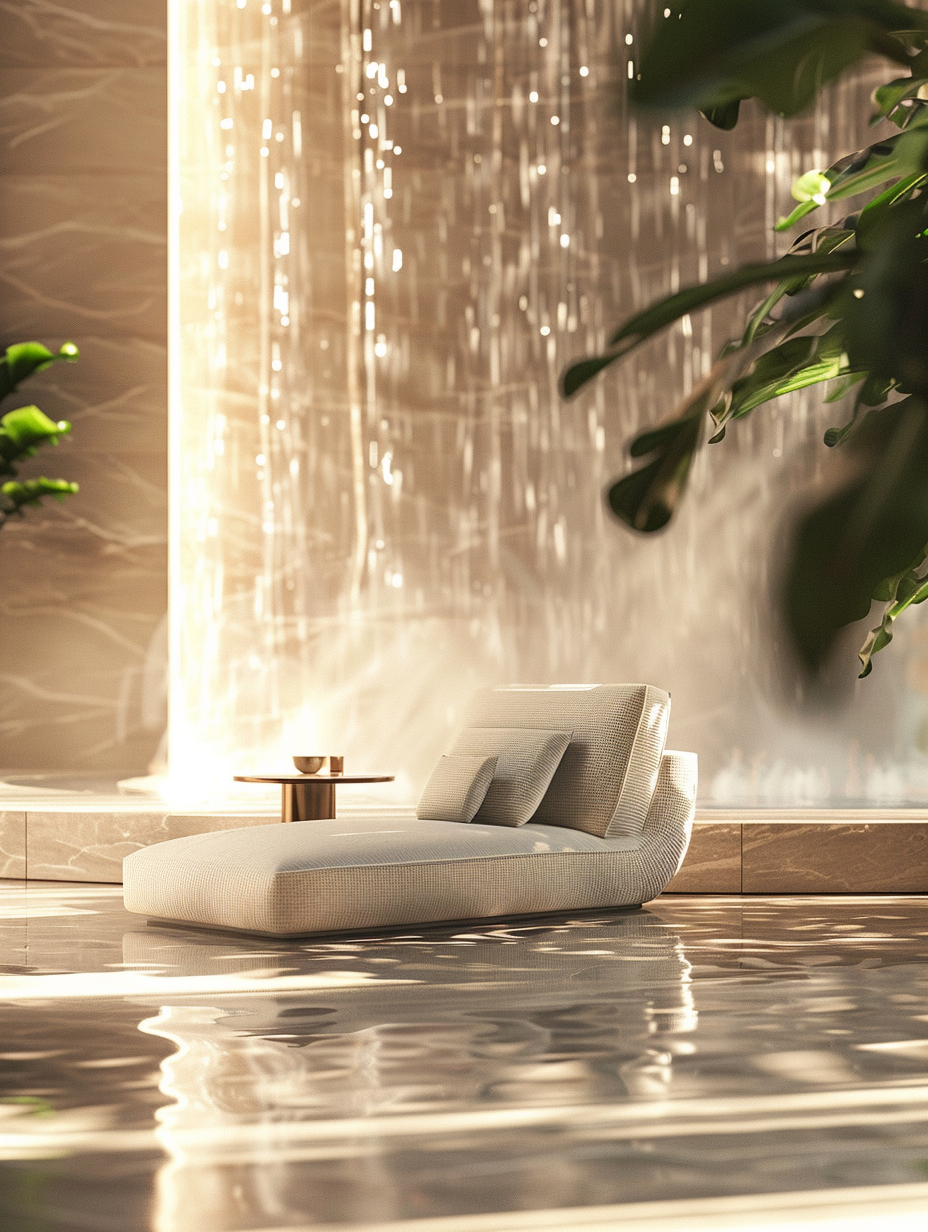 Craft a photorealistic image capturing the essence of a Natural Lights - Luxury Hotel Room Design, inspired by the serene beauty of a waterfall. The scene is bathed in soft, natural sunlight filtering through floor-to-ceiling windows, highlighting the crisp, flowing lines of the furniture that mirror the cascading water. Pay close attention to the high detail, sharp focus, and the subtle play of light and shadow, emphasizing the texture of the luxurious materials. The composition should be balanced, with a sense of tranquility and elegance reminiscent of a scene shot by a renowned photographer like Annie Leibovitz, using a Canon EOS R5 camera paired with an RF 28-70mm F2 L USM lens for unparalleled clarity and depth. Aim to capture the fluidity and dynamic range of light as it interacts with the elements in the room, creating a visual narrative that invites the viewer into a peaceful retreat.