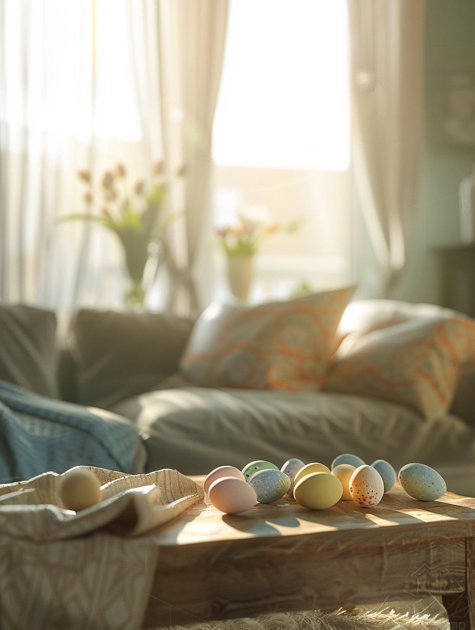 Craft a photorealistic image of a cozy, Easter-themed living room at dawn, employing a Canon EOS 5D Mark IV with a 50mm f/1.2 L lens to capture the delicate interplay of the soft, natural light filtering through sheer curtains. The scene is bathed in the golden hues of early morning, highlighting the intricate details of pastel-colored Easter eggs scattered thoughtfully across a rustic wooden coffee table. In the background, a plush sofa adorned with throw pillows in spring motifs adds a touch of warmth. The composition balances high detail and sharp focus on the Easter eggs and textures of the materials, like the woven fabric of the sofa and the wood grain, against a bokeh background that softly hints at a vase of fresh tulips on the mantelpiece. The scene perfectly merges global illumination and natural light, producing realistic shadows and a gentle film grain effect reminiscent of a Peter Lindbergh portrait, ensuring the image could pass as a snapshot from real life in the 2020s.