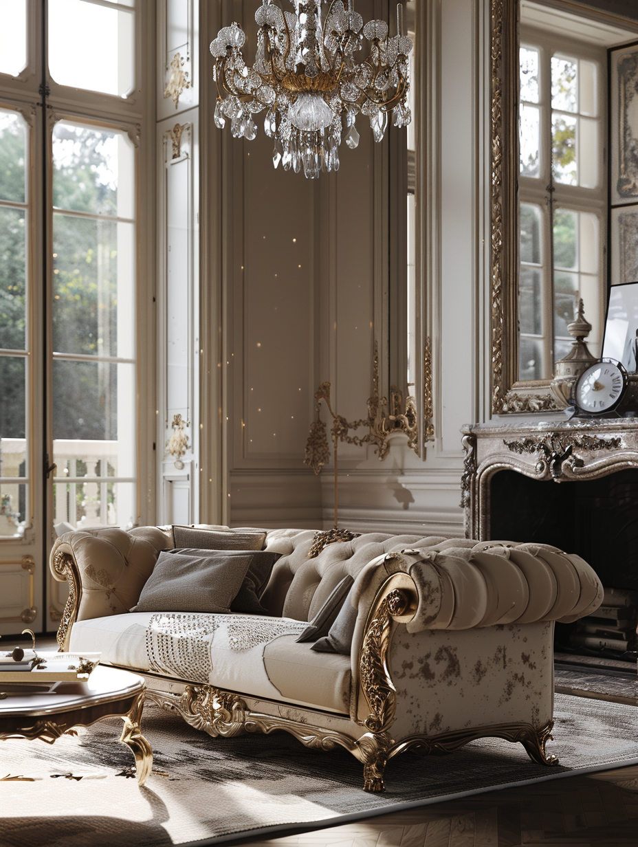 Generate a photorealistic image capturing the lavish essence of a French Villa's interior, where elegance meets sophistication. The scene unfolds in the villa's grand living room, where the early morning light cascades through floor-to-ceiling windows, casting soft, dynamic shadows over an opulent, cream-colored velvet sofa set, intricately detailed with gold leafing. A vintage, hand-knotted Aubusson rug blankets the polished herringbone parquet floor, complementing an ornate, marble fireplace that anchors the room. Above, a crystal chandelier hangs, reflecting the morning light, enhancing the room's natural glow. The composition is balanced, with the camera positioned at human eye level, equipped with a Canon EOS R5 and a 24-70mm f/2.8L lens, set to a focal length of 50mm to achieve a natural perspective with high detail and shallow depth of field. Aim for the refinement seen in a Vogue Living photoshoot, accentuating textures like the soft plush of the sofa and the smooth marble, while invoking a mood of serene luxury. The image harnesses global illumination to mimic the subtleties of real-world lighting, highlighting the finesse of high-quality 2020s visual content, maintaining sharp focus on foreground elements while gently blurring the background, enveloping the scene in a realistic film grain texture to enhance its depth.