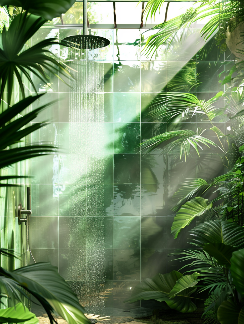 Capture a photorealistic image of an elegantly designed Plants - Shower Room, inspired by a lush jungle. The main scene is bathed in natural light filtering through a frosted glass ceiling, casting soft, dappled shadows across a variety of verdant, leafy plants. The space is meticulously crafted with rich, green tiles that complement the foliage, and a sleek, minimalist shower fixture stands as a modern contrast to the natural elements. The camera, a Canon EOS R5 equipped with a 24-70mm f/2.8L lens, is positioned at eye level to capture the exquisite detail and balance of the composition, focusing sharply on the water droplets beading on the nearest leaves and the textured surfaces of the tiles. The lighting technique employs global illumination to enhance the realism, mirroring the high-quality visual content of the 2020s. Adhering to the style of renowned photographers like Annie Leibovitz, the image is imbued with a sense of story and place, while the rich, film-like grain adds depth and texture, evoking the mood of a serene, jungle-inspired sanctuary.