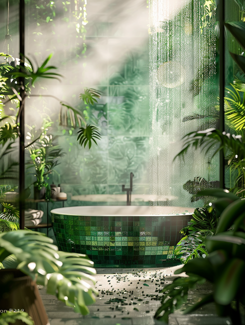 Construct a photorealistic image of an ethereal Plants - Shower Room, inspired by a dense jungle, capturing the essence of being enveloped in nature while bathing. The scene is bathed in soft, natural light filtering through a large, frosted glass window, casting vivid patterns on the wet, emerald green mosaic tiles that adorn the walls. A variety of lush, tropical plants, including hanging ferns, monstera, and small palms, are strategically placed around a sleek, freestanding bathtub, their leaves glistening with moisture. The camera angle is a wide shot, utilizing a Canon EOS R5 with a 24-70mm f/2.8L lens, set to capture the full grandeur of the space with sharp focus and high detail, preserving textures from the plants' leaves to the subtle water droplets on the tiled floor. The composition is meticulously balanced, evoking a tranquil, immersive experience akin to bathing in a secluded jungle waterfall, with the play of light and shadow enhancing the depth and realism of the scene, reminiscent of the naturalistic, vibrant style seen in 2020s high-end travel magazines.