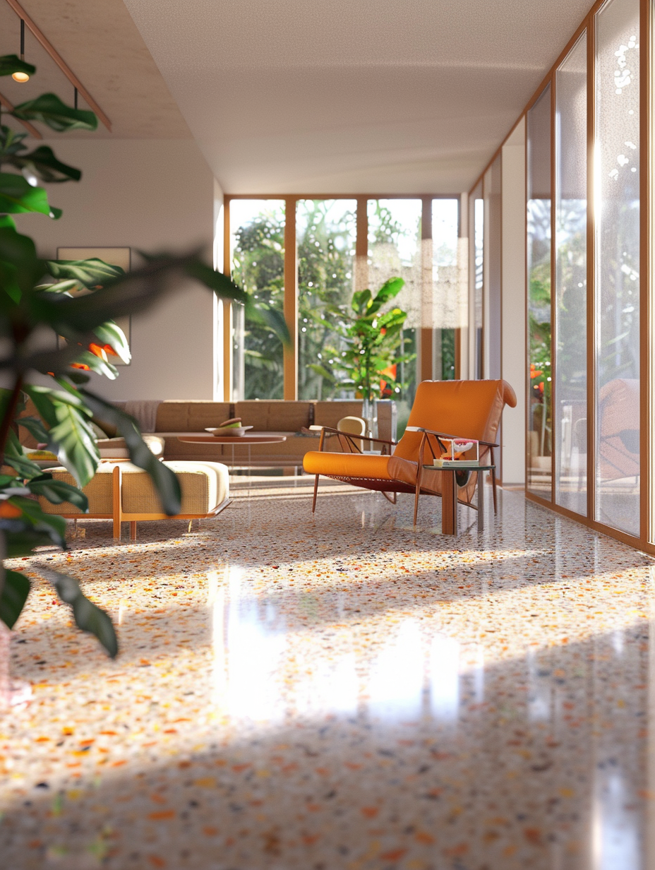 Generate a photorealistic image of a spacious, sunlit living room, embodying a Retro Revival theme with a focus on intricate Terrazzo flooring. The room should be adorned with mid-century modern furniture, featuring gentle curves and vibrant colors that contrast with the multi-hued terrazzo. Natural light floods in through floor-to-ceiling windows, casting soft shadows and highlighting the terrazzo's glossy finish and the texture of a lush, green indoor plant positioned strategically in the corner to add life. The composition should evoke a sense of balance, with the furniture symmetrically arranged to guide the viewer’s eye across the scene. Apply advanced lighting techniques to achieve global illumination that mimics early morning light, offering a warm, serene atmosphere. The image should be captured with a full-frame DSLR camera using a 24mm lens at f/8 to ensure high detail, sharp focus throughout with a slight film grain to enhance realism. Reference the high-quality visual style of 2020s interior design magazines, achieving a blend of sophistication and warmth that invites viewers into the space.